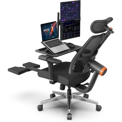 Scaun ergonomic birou 2 in 1, Cu suport picioare, Spatar inclinabil, Tetiera auto-follow, Cotiere 4D, Reglaj inaltime si adancime, Tavita laptop detasabila, Suport pahar, Plasa Mesh, Negru - Default Title