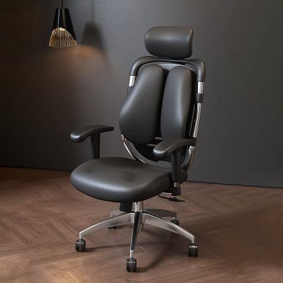 Scaun Ergonomic de Birou Timebox – Design Bi-Spine Inteligent, Tetiera Reglabila 3D, Suport Lombar, Cotiere 3D, Spatar Din Piele Premium si Cadru Metalic, Manere Rotative, Negru - Default Title