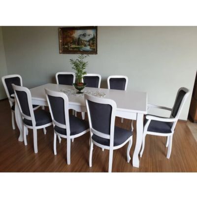 Set masă extensibilă + 8 scaune Padova, MDF/Lemn Fag, 200-300x100x78 cm, alb