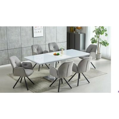Set masă extensibilă Angola cu 6 scaune, MDF și metal, 160/200x90x76 cm, alb lucios, tapițerie gri