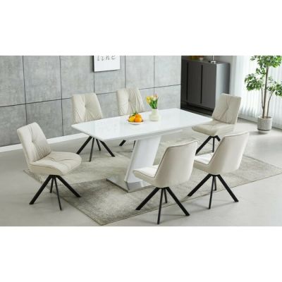 Set masă extensibilă Mistyc cu 6 scaune, MDF și metal, 120/160x80x75 cm, alb lucios