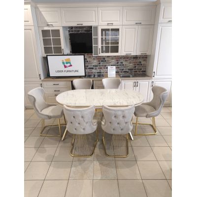 SET STELLA CREM CU AURIU MASA+6 SCAUNE, BLAT ALB