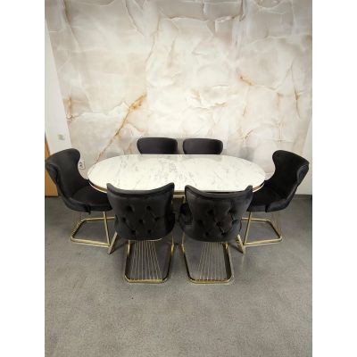 Set stella gri inchis/antracit cu auriu masa+ 6 scaune, blat alb