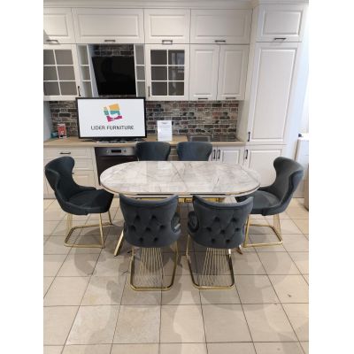 Set stella gri inchis/antracit cu auriu masa+ 6 scaune, blat gri