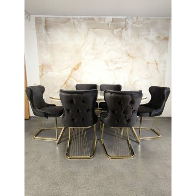 Set stella gri inchis/antracit cu auriu masa+ 6 scaune, blat gri