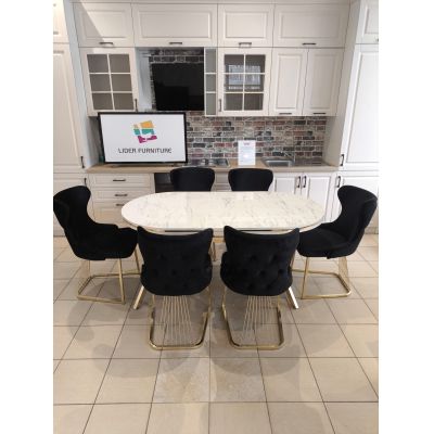 SET STELLA NEGRU CU AURIU MASA+6 SCAUNE, BLAT ALB