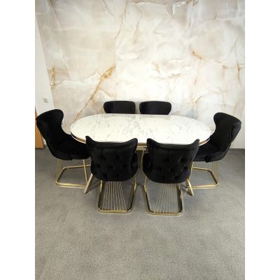 SET STELLA NEGRU CU AURIU MASA+6 SCAUNE, BLAT ALB