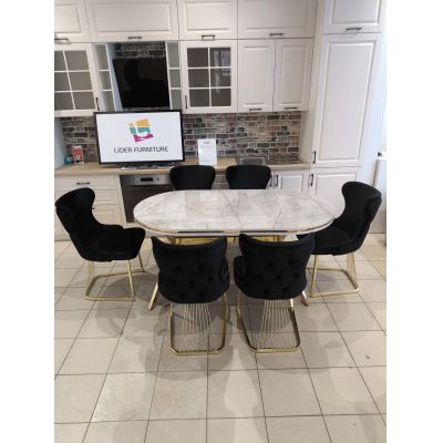 SET STELLA NEGRU CU AURIU MASA+6 SCAUNE, BLAT GRI