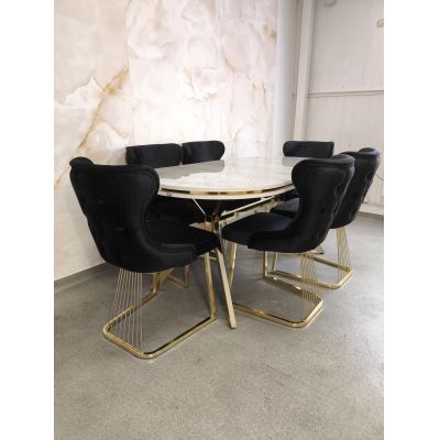 SET STELLA NEGRU CU AURIU MASA+6 SCAUNE, BLAT GRI