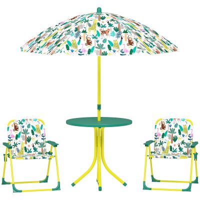AIYAPLAY Masă de Picnic pentru Copii, Set Masă și Două Scaune Pliabile cu Umbrelă Demontabilă, Tematică Jungle, Mobilier de Exterior pentru Grădină, Terasă, Verde | Aosom Romania