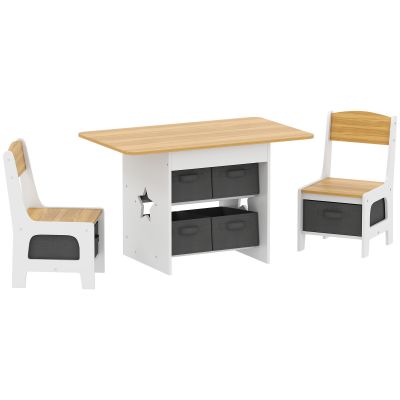 AIYAPLAY Masă pentru copii cu 2 scaune și 6 sertare din material textil, design cu stele, pentru copii 3-8 ani, Natural | Aosom Romania