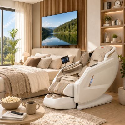 Fotoliu masaj alb cu functie vocala, încălzire, bluetooth, 8 programe automate, airbag corp complet, LED touch, Șină SL lungă