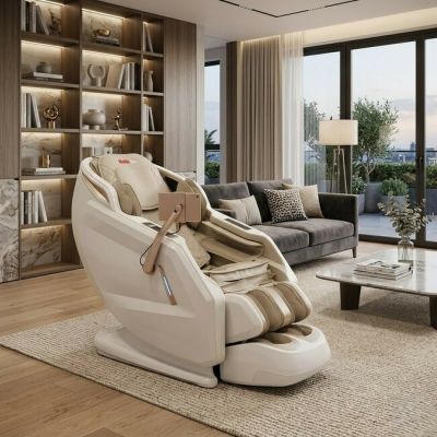 Fotoliu masaj alb cu functie vocala, încălzire, bluetooth, 8 programe automate, airbag corp complet, LED touch, Șină SL lungă