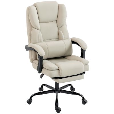 HOMCOM Scaun de birou cu tapiţerie din piele ecologică prietenoasă cu animalele, suport pentru picioare, reglabil pe înălţime, pe roţi, Bej | Aosom Romania
