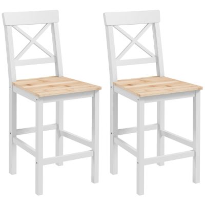 HOMCOM Set de 2 Taburete de Bar, Taburete de Bucătărie Înaltă cu Spătar Înalt, Suporturi pentru Picioare, din Lemn de Pin, Natural și Alb | Aosom Romania