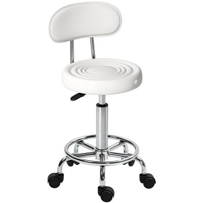 HOMCOM Taburet rotativ cu spătar și roți Scaun reglabil pentru salon de înfrumusețare Studiou tatuaje 32x40x70-86cm Alb | Aosom Romania