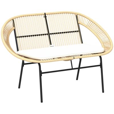 Outsunny Banc de grădină 2 locuri, banc exterior grădină din oțel, stil Acapulco, cu spătar și pernă, 126 x 72 x 83 cm, kaki | Aosom Romania