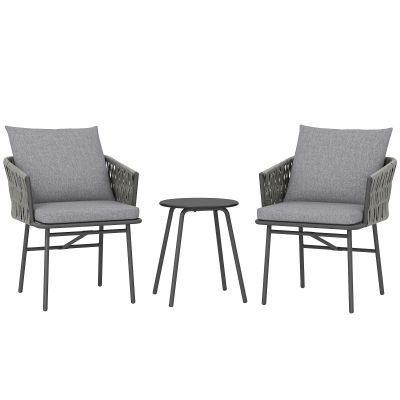 Outsunny Set mobilier exterior 3 piese, 2 scaune, 1 masă, set bistro, rattan sintetic, cadru din oțel, masă metalică, 4 perne, gri | Aosom Romania