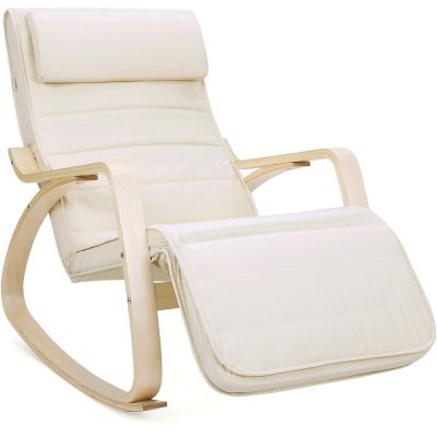 Scaun balansoar din lemn, suport picioare reglabil, maxim 150kg, 55x115x91cm, bej