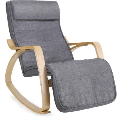 Scaun balansoar din lemn, suport picioare reglabil, maxim 150kg, 55x122x84cm, gri inchis