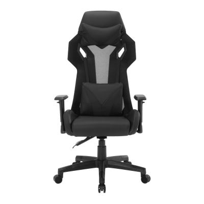 Scaun de gaming, negru, perna pentru spijin lombar, tapiterie piele ecologica, roti pivotante