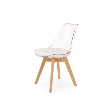 Scaun scandinav bucatarie, picioare lemn, polipropilena transparenta, sezut tapitat, inaltime 83 cm, alb