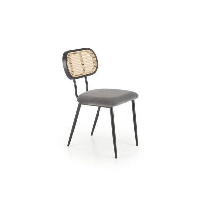 Scaun tapitat cu catifea, pentru living/sufragerie, stil vintage, ratan, otel, 53x60x84x49 cm, gri