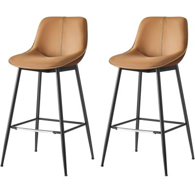 Set 2 scaune de bar, spatar ergonomic din piele ecologica, cadru metalic, 50x50x99 cm, maro caramel