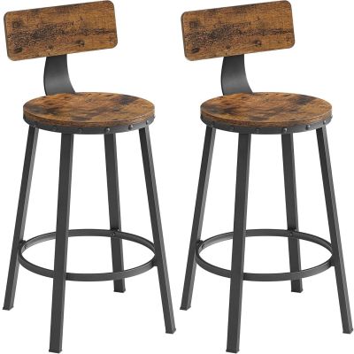 Set de 2 scaune de bar inalte cu spatar, cadru din otel, industrial, 51x89cm, maro rustic