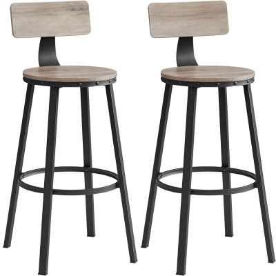 Set de 2 scaune de bar inalte cu spatar, cadru din otel, industrial, 54x99cm, gri stejar