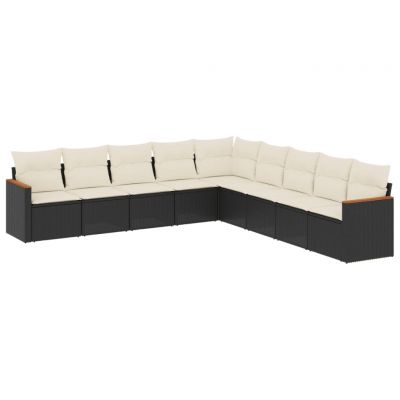 Set mobilier de gradina cu perne, 9 piese, negru, poliratan