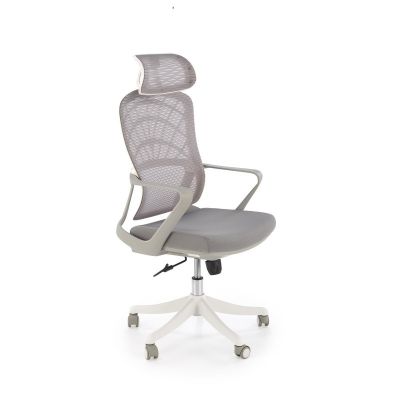 Scaun de birou in stil scandinav, ergonomic, tetiera si inaltime reglabile, functie balansare, baza PP, mesh, gri si alb