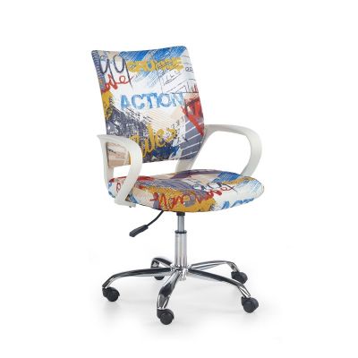 Scaun de birou pentru copii, inaltime reglabila, imprimeu multicolor, baza metalica, sistem de blocare, textil