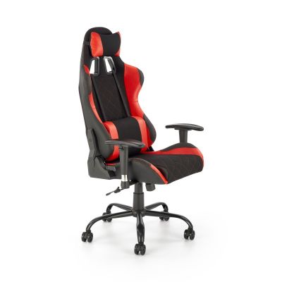 Scaun gaming Drake, inaltime reglabila 127-134 cm, cotiere reglabile, suport lombar, perna ergonomica, textil/piele, negru/rosu