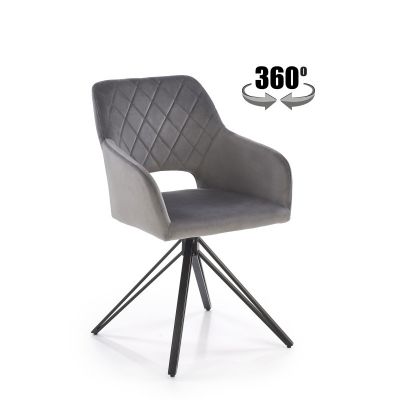 Scaun modern rotativ la 360 grade, tapitat cu catifea gri, structura metalica, stil modern